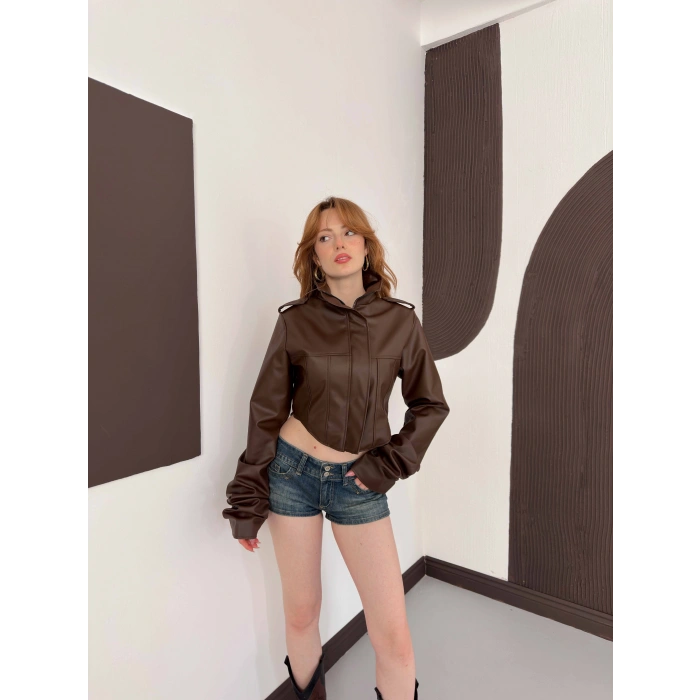 Korse Detaylı Premium Tasarım Deri Ceket Kahve