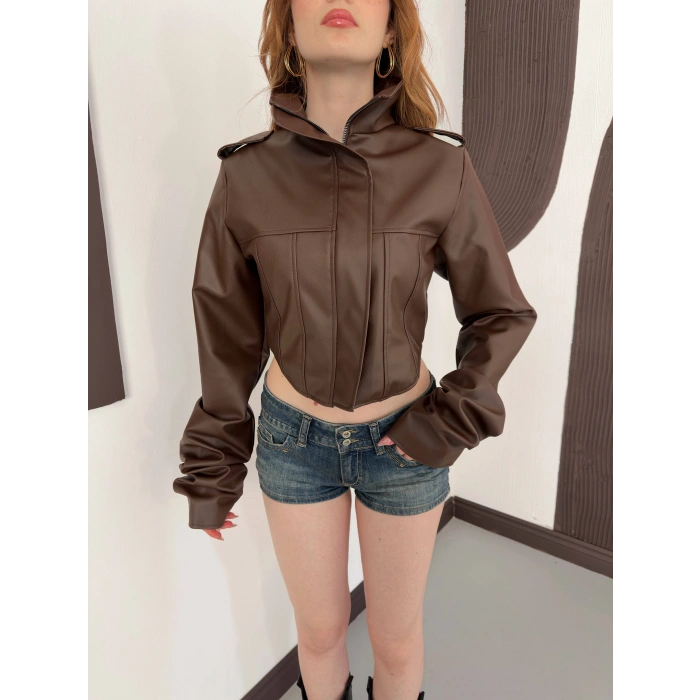 Korse Detaylı Premium Tasarım Deri Ceket Kahve