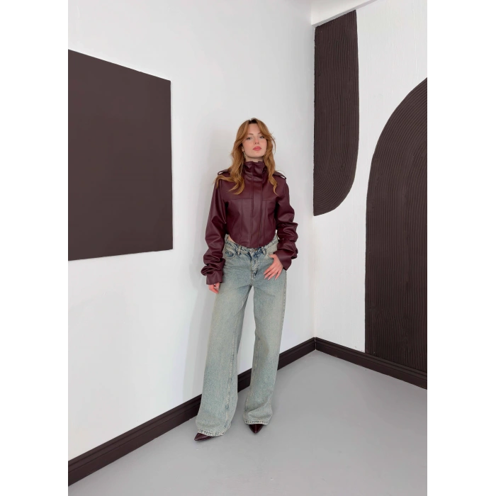 Korse Detaylı Premium Tasarım Deri Ceket Bordo