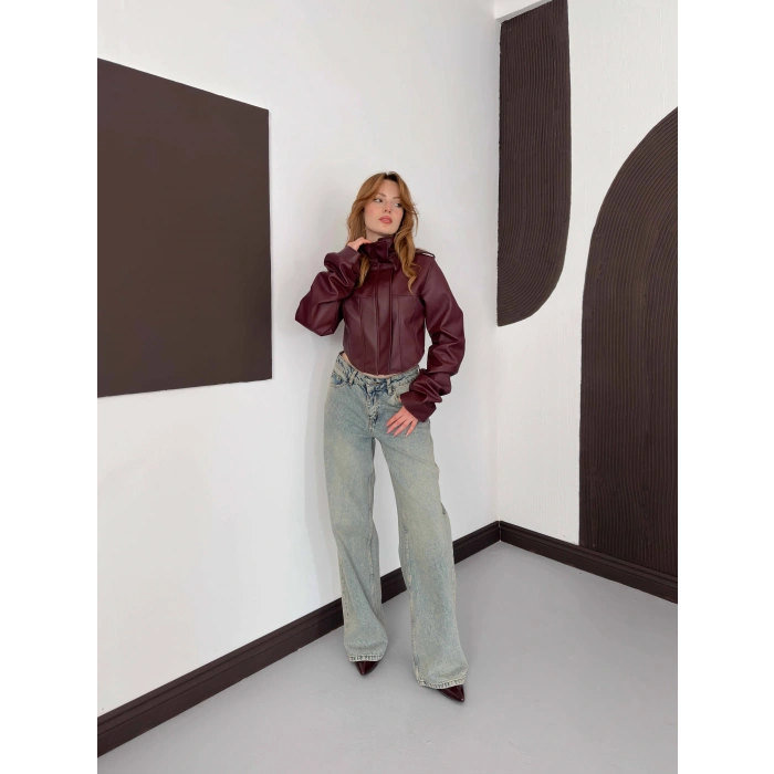 Korse Detaylı Premium Tasarım Deri Ceket Bordo