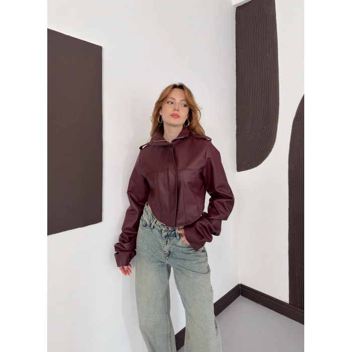 Korse Detaylı Premium Tasarım Deri Ceket Bordo