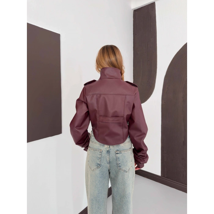 Korse Detaylı Premium Tasarım Deri Ceket Bordo