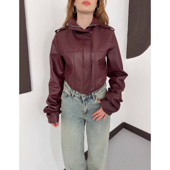 Korse Detaylı Premium Tasarım Deri Ceket Bordo
