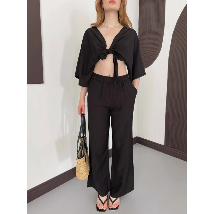 Keten Önden Bağlama Detaylı İkili Takım Sİyah