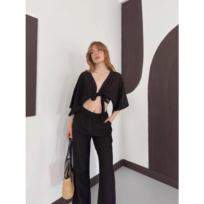 Keten Önden Bağlama Detaylı İkili Takım Sİyah