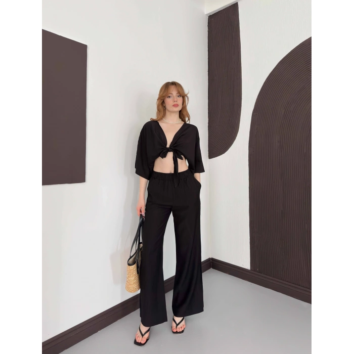 Keten Önden Bağlama Detaylı İkili Takım Sİyah