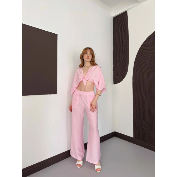 Keten Önden Bağlama Detaylı İkili Takım Pembe