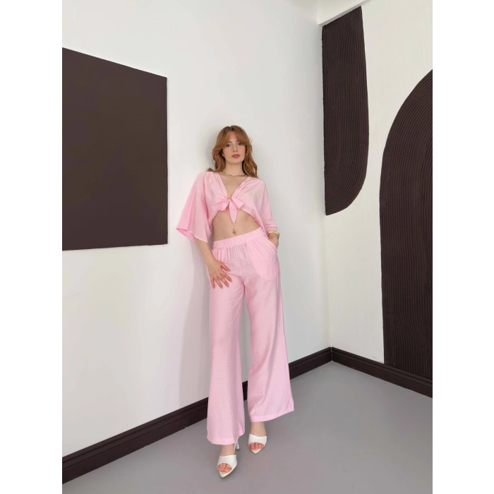 Keten Önden Bağlama Detaylı İkili Takım Pembe