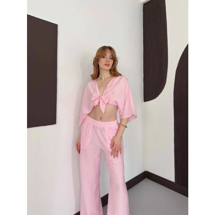 Keten Önden Bağlama Detaylı İkili Takım Pembe