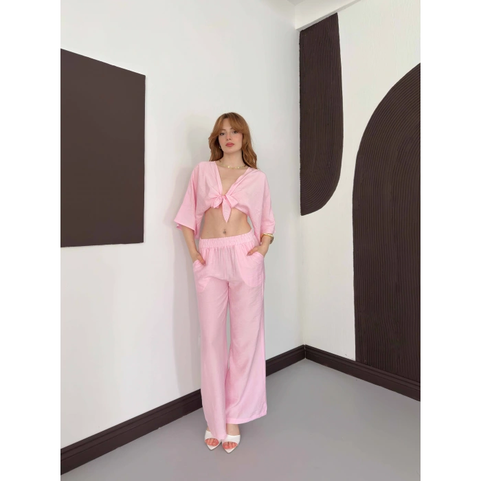 Keten Önden Bağlama Detaylı İkili Takım Pembe