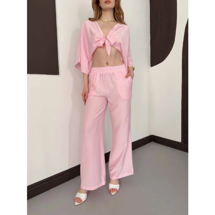 Keten Önden Bağlama Detaylı İkili Takım Pembe