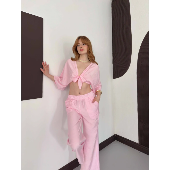 Keten Önden Bağlama Detaylı İkili Takım Pembe