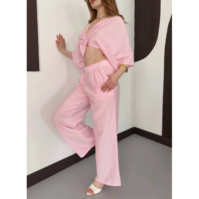 Keten Önden Bağlama Detaylı İkili Takım Pembe