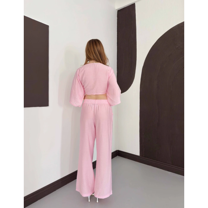 Keten Önden Bağlama Detaylı İkili Takım Pembe