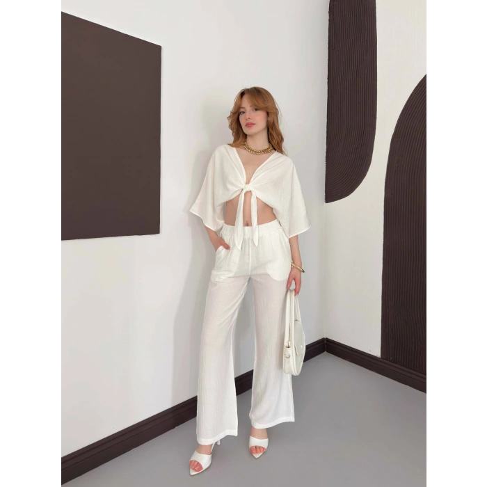 Keten Önden Bağlama Detaylı İkili Takım Beyaz