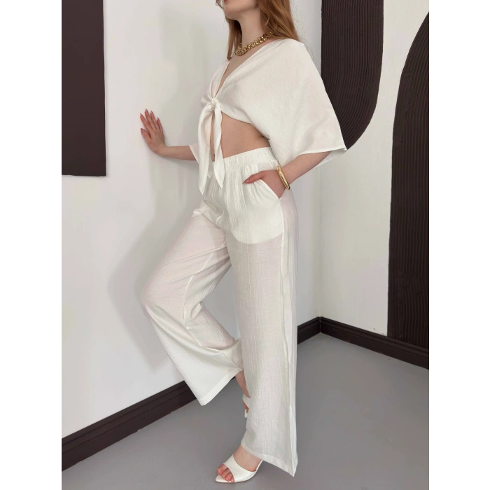 Keten Önden Bağlama Detaylı İkili Takım Beyaz