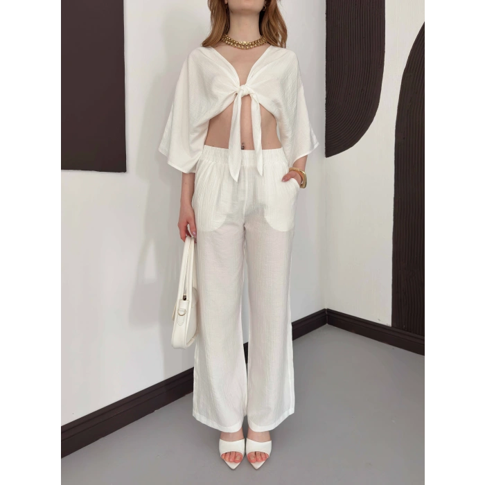 Keten Önden Bağlama Detaylı İkili Takım Beyaz