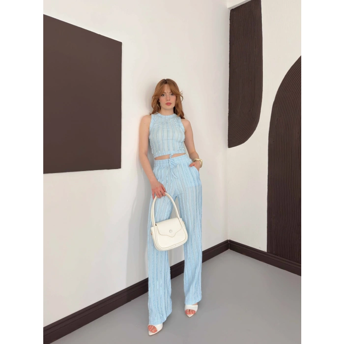 Gofre Kumaş Ters Dikiş Halter Yaka Takım Bebemavisi