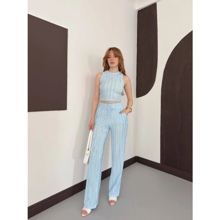 Gofre Kumaş Ters Dikiş Halter Yaka Takım Bebemavisi