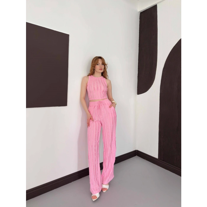 Gofre Kumaş Ters Dikiş Halter Yaka Takım Pembe