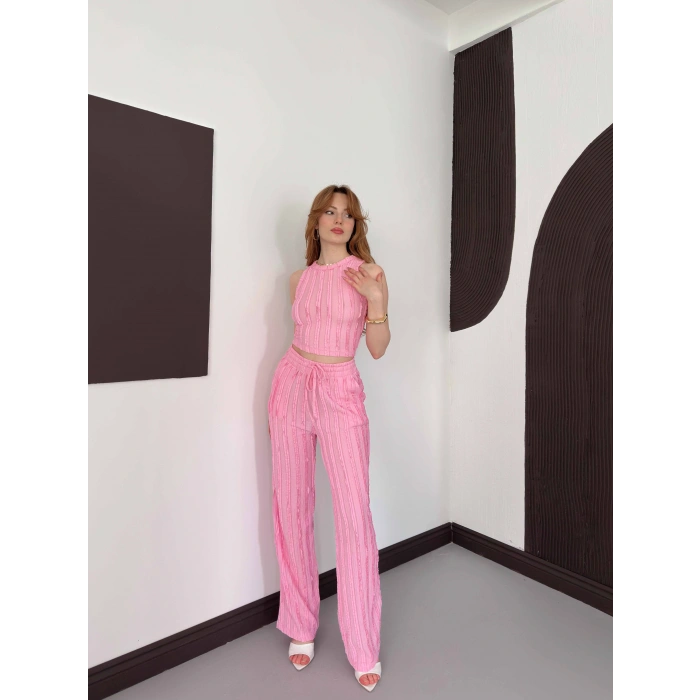 Gofre Kumaş Ters Dikiş Halter Yaka Takım Pembe