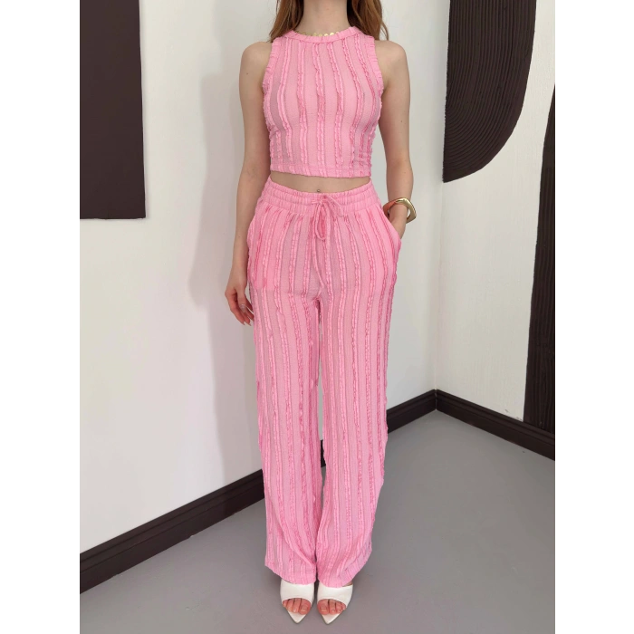 Gofre Kumaş Ters Dikiş Halter Yaka Takım Pembe