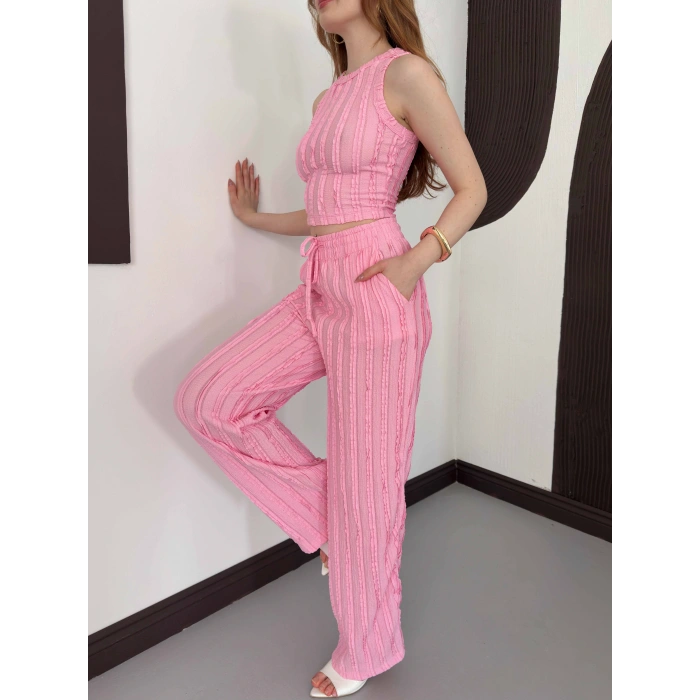 Gofre Kumaş Ters Dikiş Halter Yaka Takım Pembe