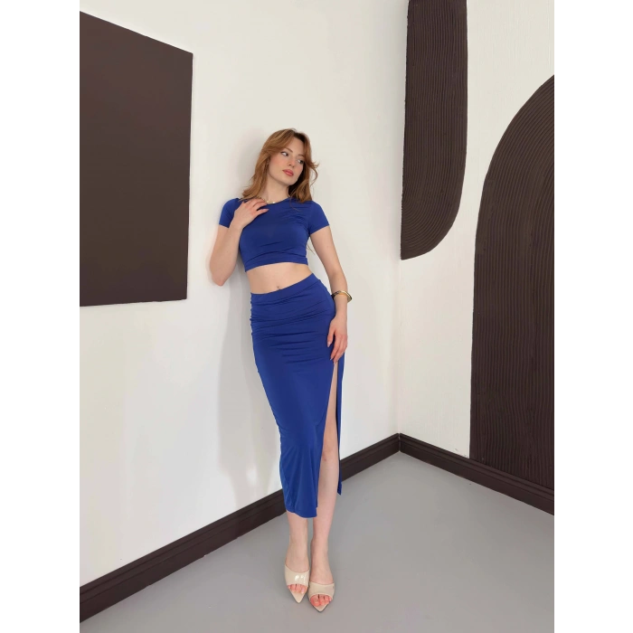 Yırtmaç Detaylı Crop - Etek Takım Mavi