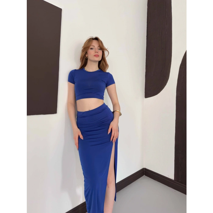 Yırtmaç Detaylı Crop - Etek Takım Mavi