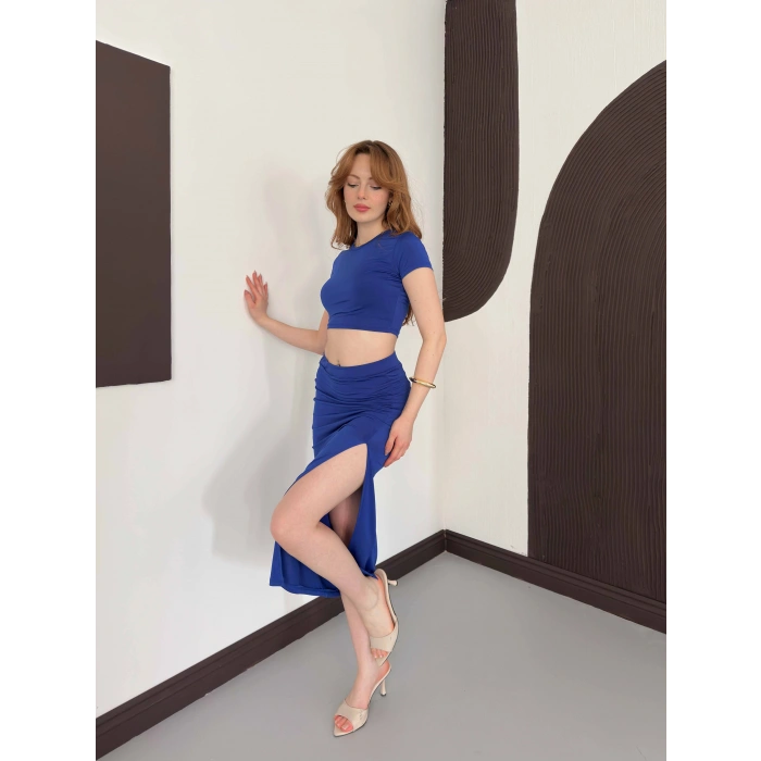 Yırtmaç Detaylı Crop - Etek Takım Mavi