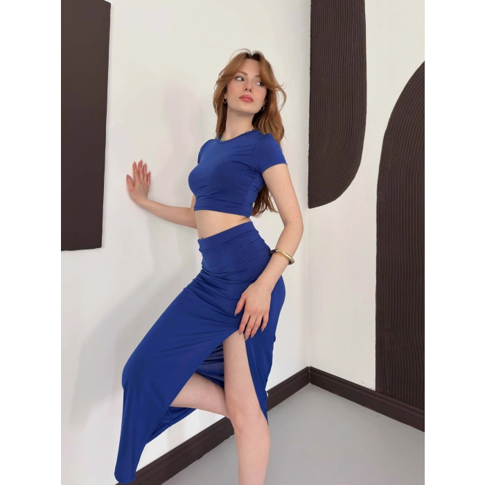 Yırtmaç Detaylı Crop - Etek Takım Mavi