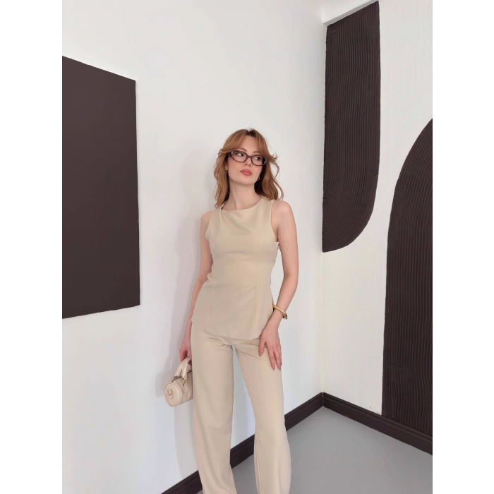 Sırt Detaylı Double Kumaş Takım Bej