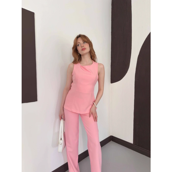 Sırt Detaylı Double Kumaş Takım Pembe