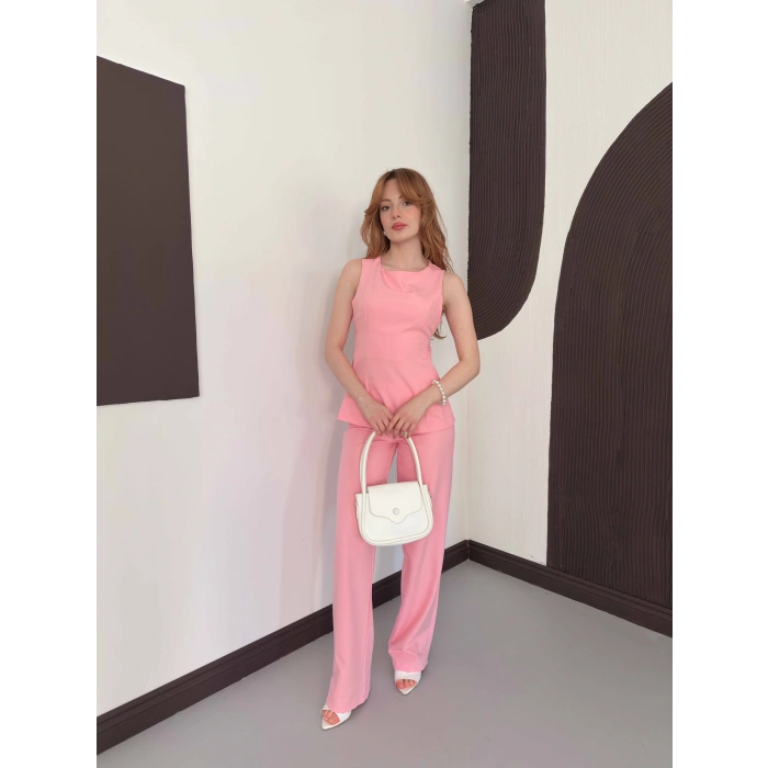 Sırt Detaylı Double Kumaş Takım Pembe