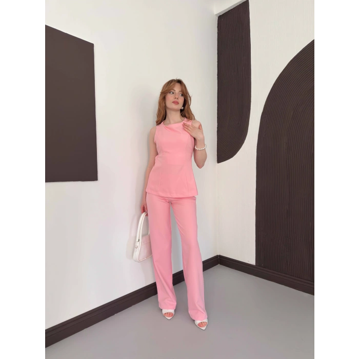 Sırt Detaylı Double Kumaş Takım Pembe
