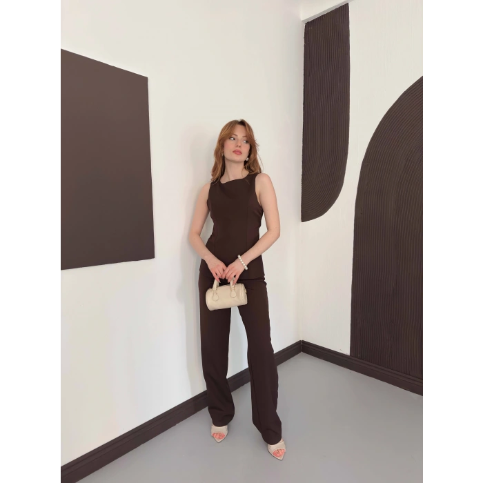 Sırt Detaylı Double Kumaş Takım Kahve