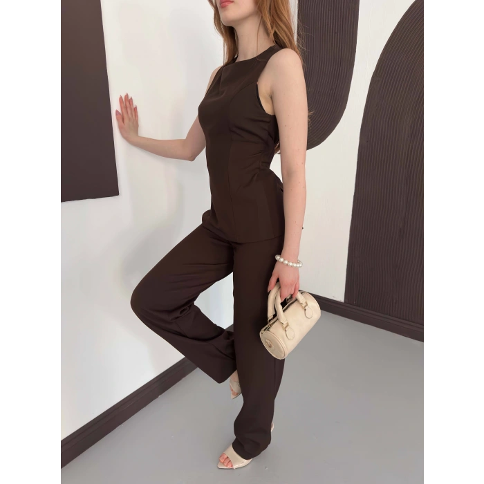 Sırt Detaylı Double Kumaş Takım Kahve