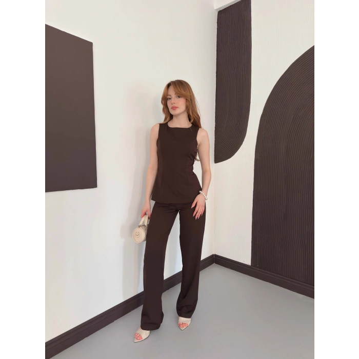 Sırt Detaylı Double Kumaş Takım Kahve