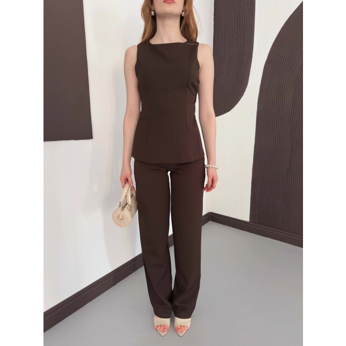 Sırt Detaylı Double Kumaş Takım Kahve