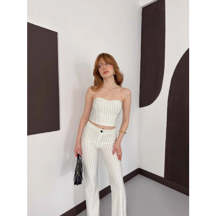 Çizgi Detaylı Crop - Pantolon Takım Beyaz