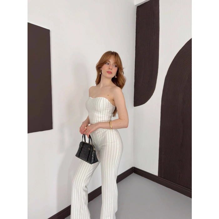Çizgi Detaylı Crop - Pantolon Takım Beyaz