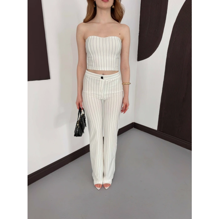 Çizgi Detaylı Crop - Pantolon Takım Beyaz