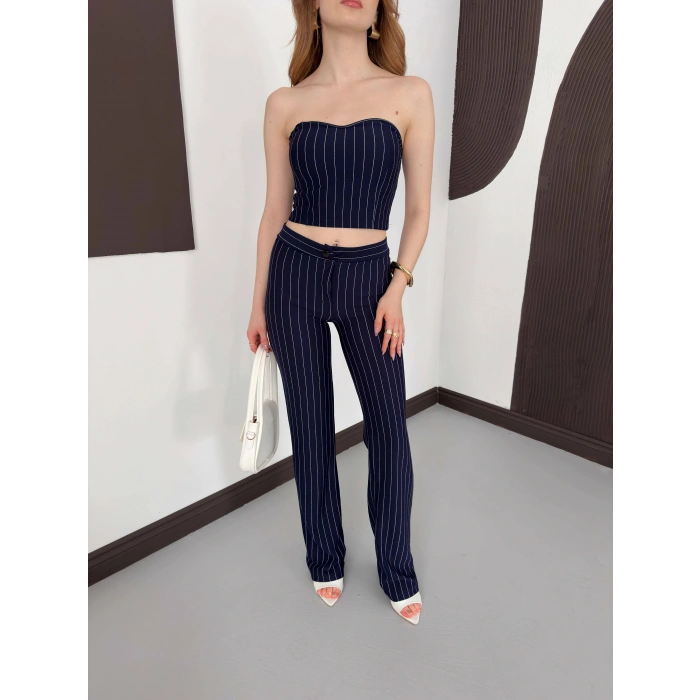 Çizgi Detaylı Crop - Pantolon Takım Lacivert
