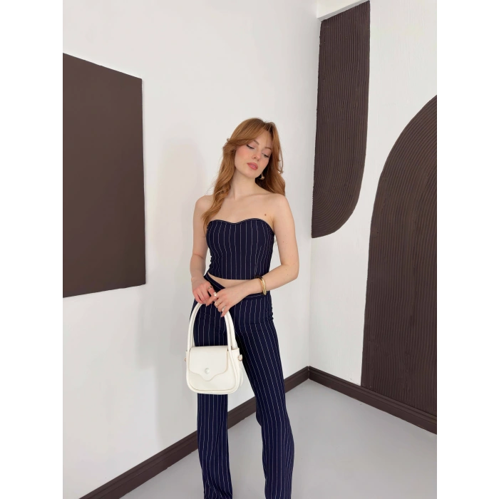 Çizgi Detaylı Crop - Pantolon Takım Lacivert