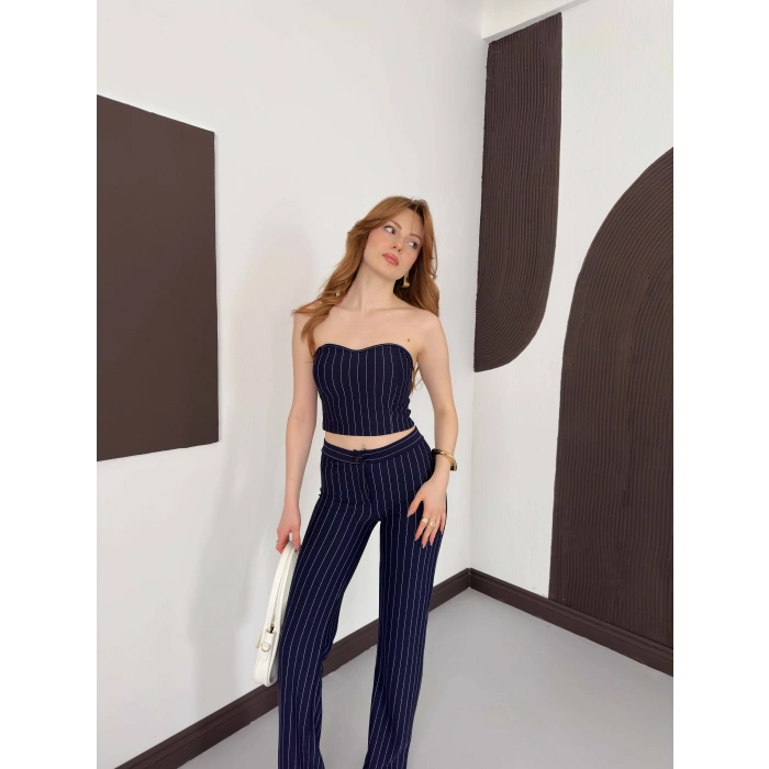 Çizgi Detaylı Crop - Pantolon Takım Lacivert