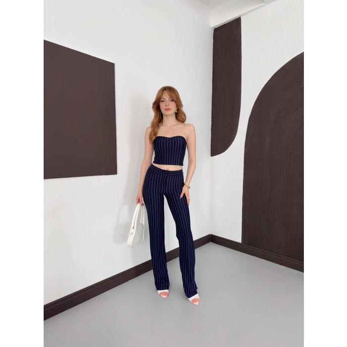 Çizgi Detaylı Crop - Pantolon Takım Lacivert