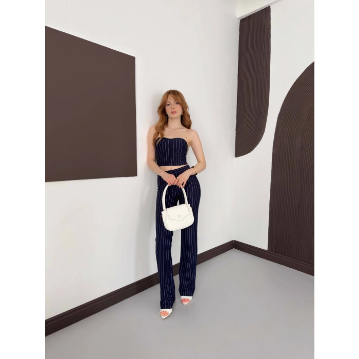 Çizgi Detaylı Crop - Pantolon Takım Lacivert