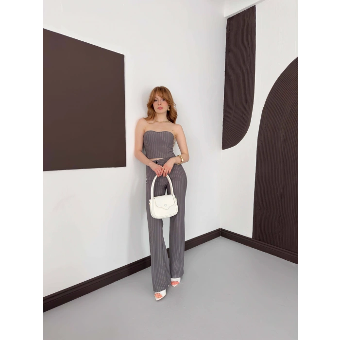 Çizgi Detaylı Crop - Pantolon Takım Gri