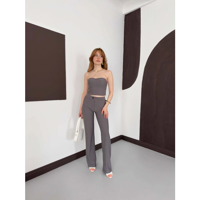 Çizgi Detaylı Crop - Pantolon Takım Gri