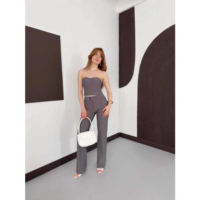Çizgi Detaylı Crop - Pantolon Takım Gri